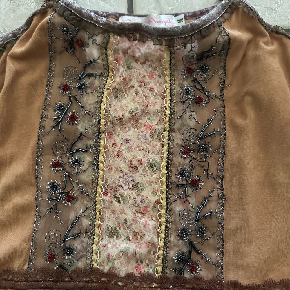 Y2k brown lace beaded assymetrical hem fairy cami tank top - Picture 3 of 6